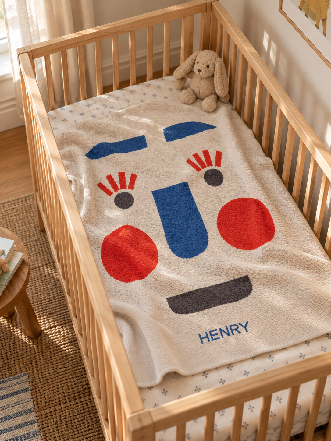 Personalized Funny Face knit blanket designed by Amanda Jane Jones laid over a toddler's crib mattress, showing its 36 × 48-inch size with enough room to tuck on the sides