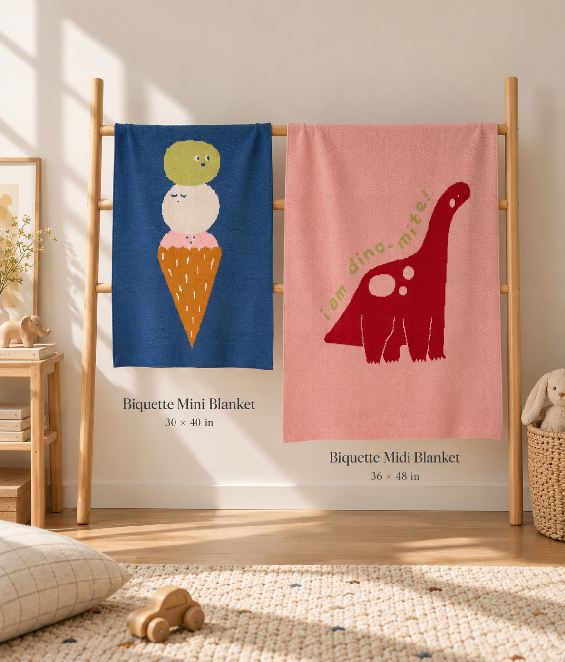 Biquette Mini Blanket (30 × 40 inches) and Midi Blanket (36 × 48 inches) hanging side by side to compare size differences for different aged toddlers and uses.