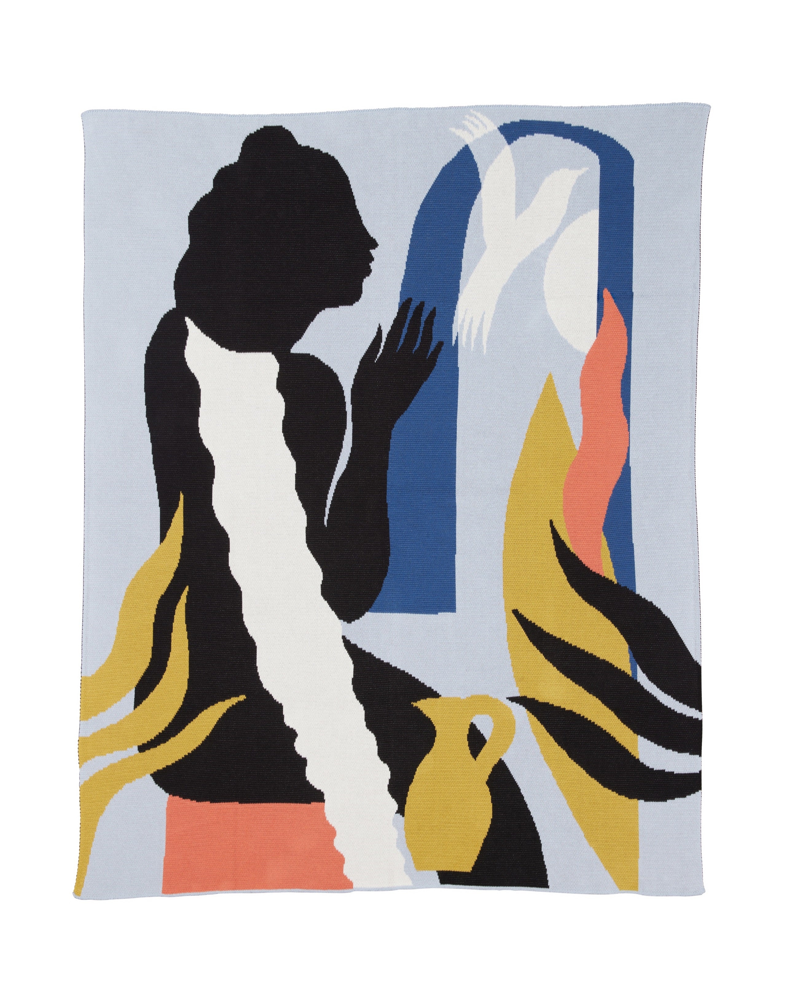 A multicolored throw blanket with a geometric pattern featuring abstract figures, predominantly in black, gold, and peony colors on a light background.